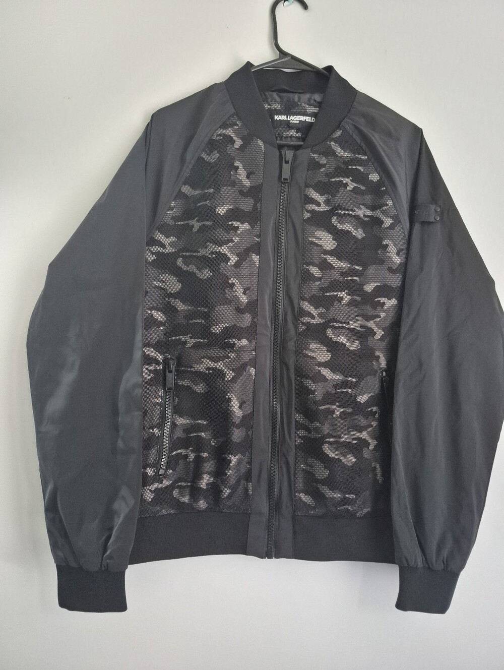 Karl Lagerfeld Paris Men Black Camo Mesh Overlay Bomber Jacket NWOT Size M